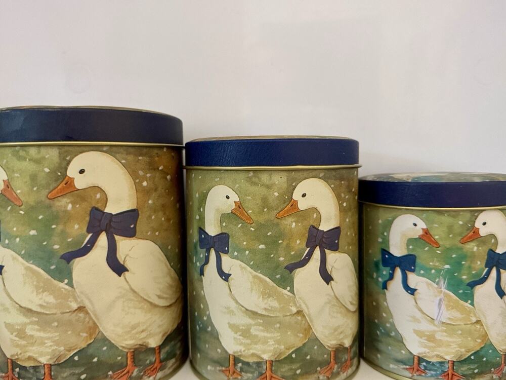 Vintage Tin Canister Geese Blue Ribbon Country Nesting Set Of 3 Cottage Core